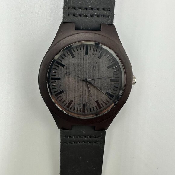 3 for $30 Minimalist Watch Men Brown Wood Case Black Leather Band 45MM - Picture 3 of 14